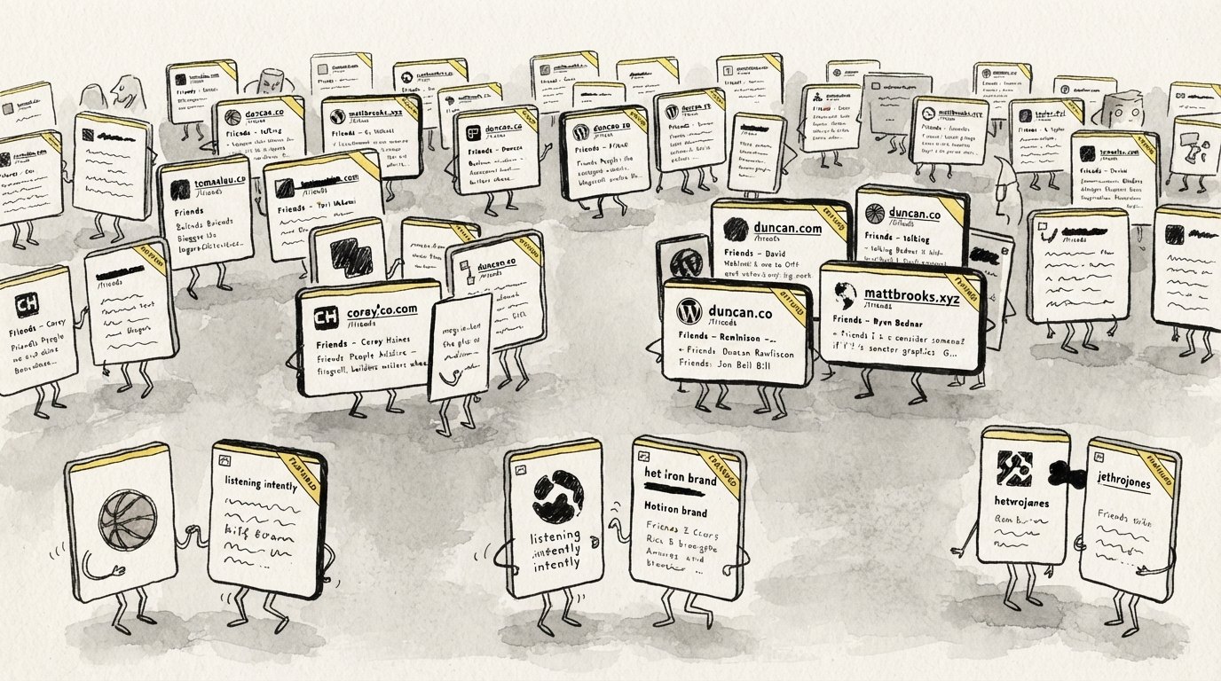 An ink illustration of a crowd of little website cards with legs, each one showing a domain and a /friends heading, milling around together.