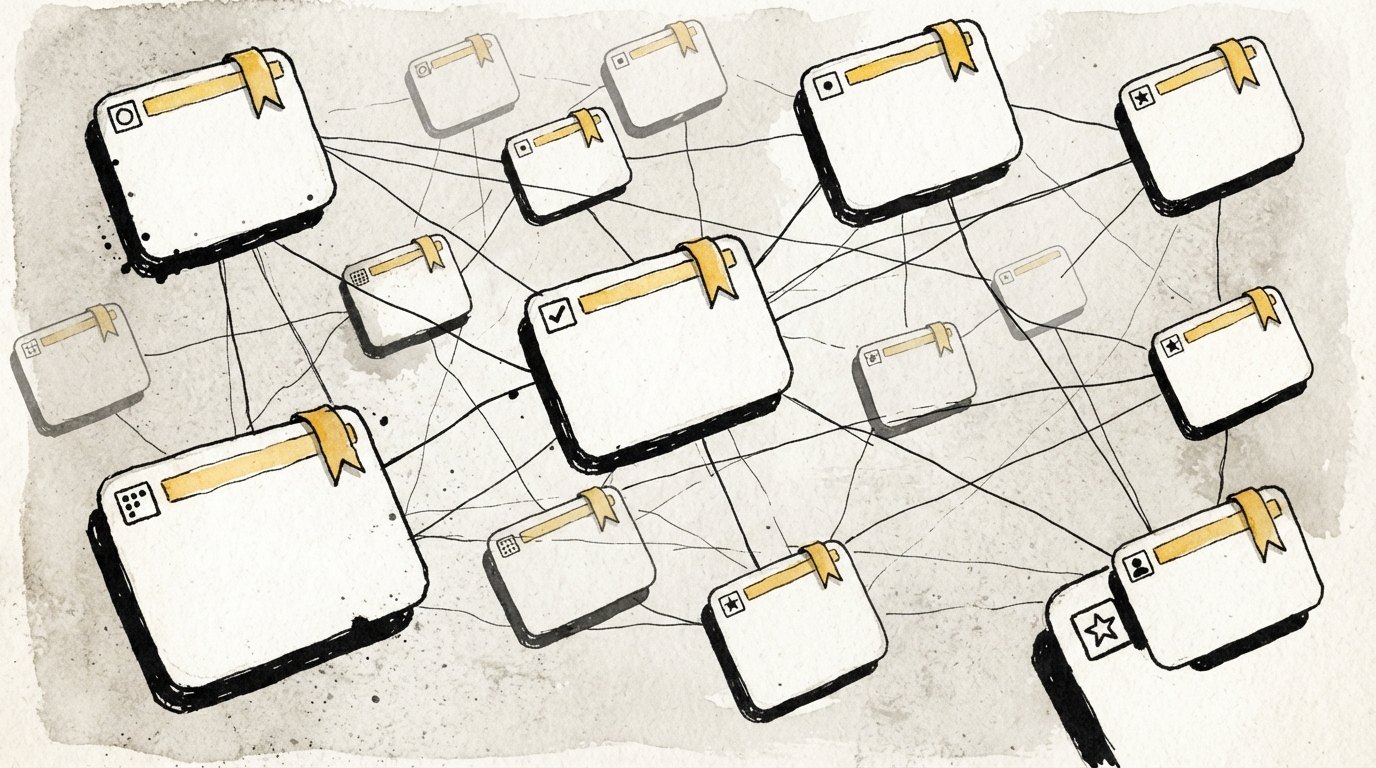 An ink illustration of website cards with yellow bookmark ribbons, scattered across a page and threaded together with fine lines.